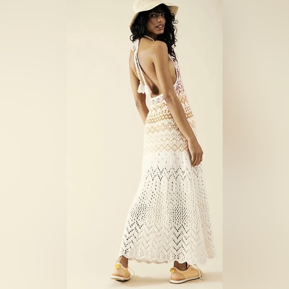 Free People Dresses & Skirts - NWOT Free People Ikat Oasis Maxi Dress Halter Crochet Print Knit Backless Ivory